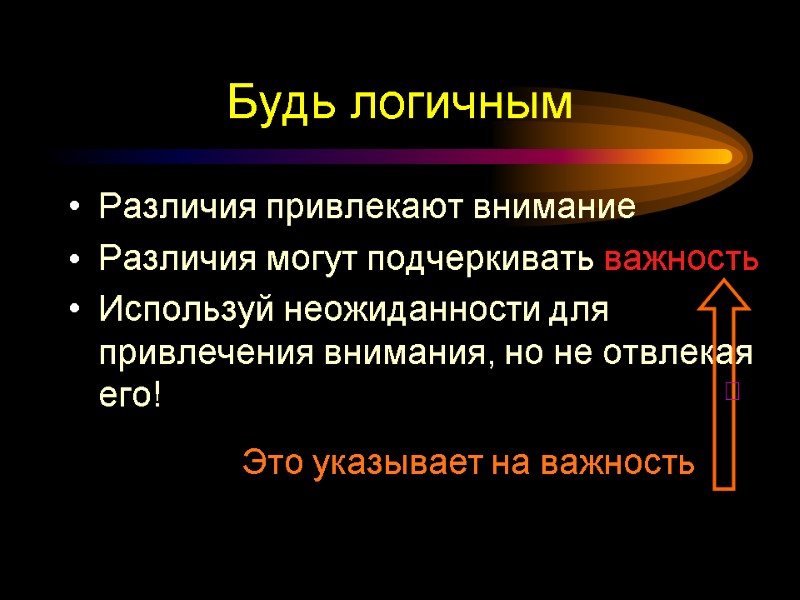 Будь логичным Различия привлекают внимание Различия могут подчеркивать важность Используй неожиданности для привлечения внимания,